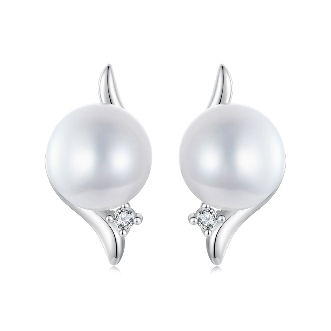 925 Sterling Silver Natural Pearl &amp; CZ Earrings Plated in Platinum