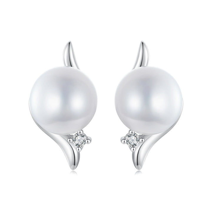 925 Sterling Silver Natural Pearl &amp; CZ Earrings Plated in Platinum