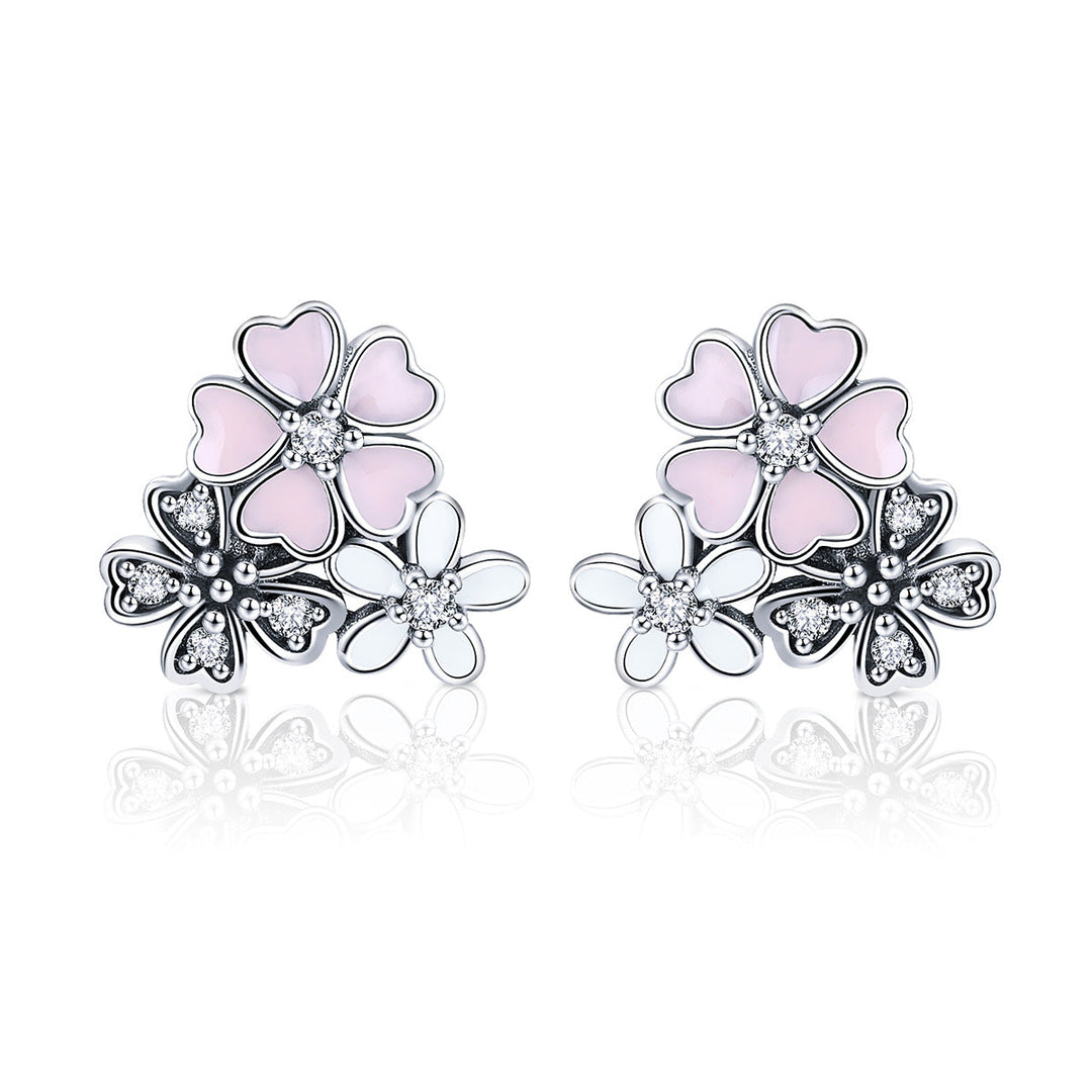 925 Sterling Silver Earrings with Pavé Setting, Oxidized Silver, Enamel - 1.0 x 1.1 cm for Women