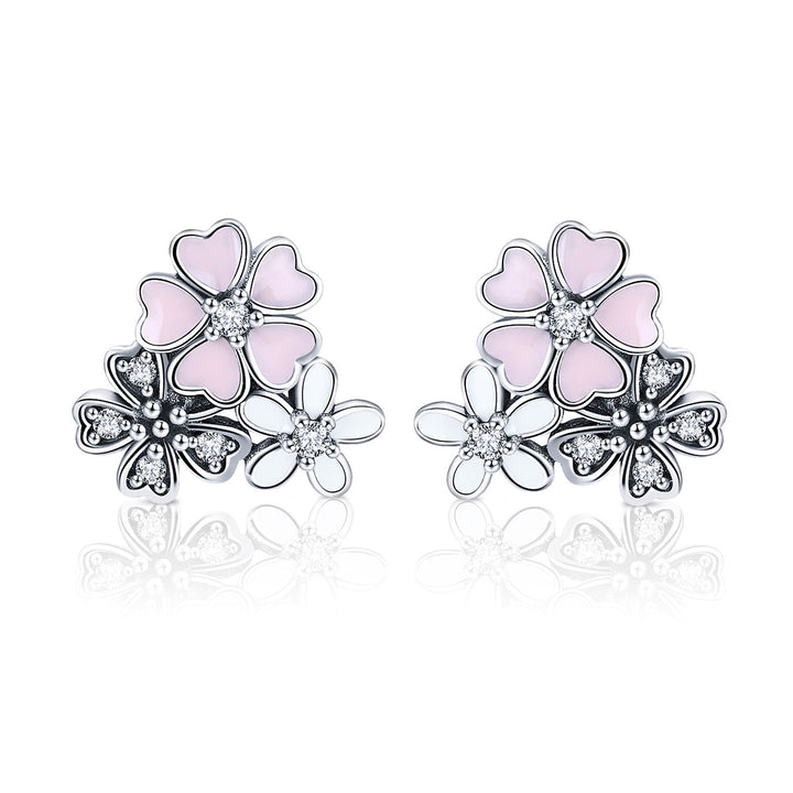 925 Sterling Silver Earrings with Pavé Setting, Oxidized Silver, Enamel - 1.0 x 1.1 cm for Women