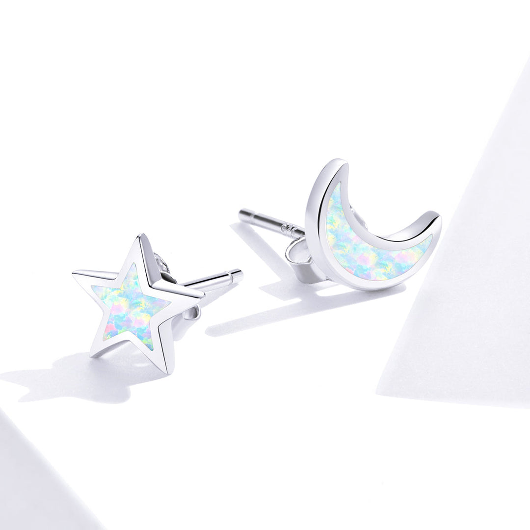 925 Sterling Silver Opal Earrings for Women - Star &amp; Moon Design