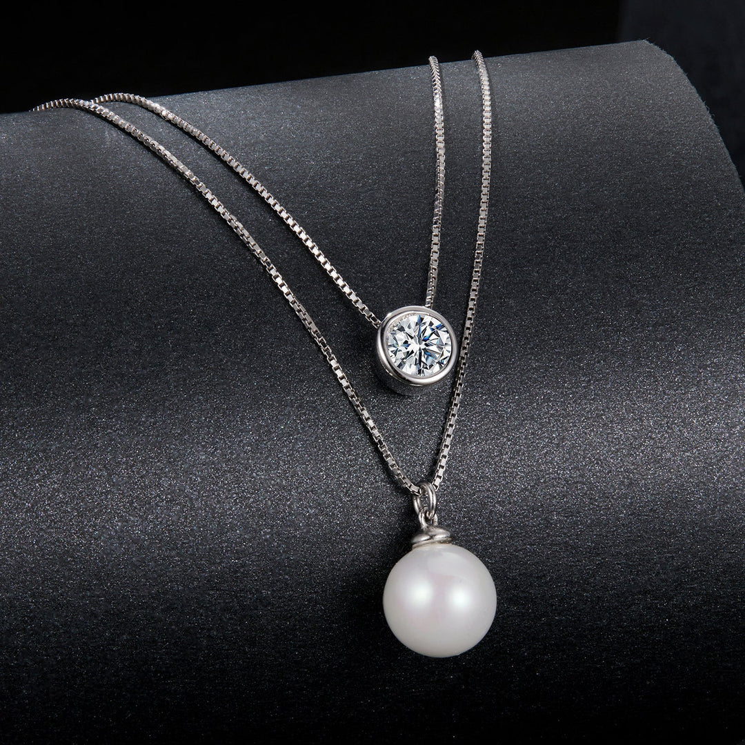 925 Sterling Silver Moissanite &amp; Quality Shell Pearl Necklace for Women - 40+5cm, White Gold Plated