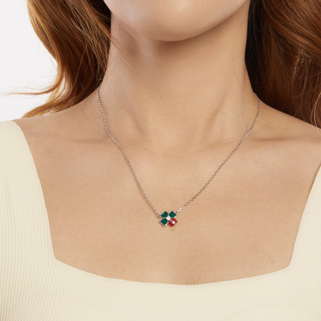 925 Sterling Silver Necklace with Enamel, White Gold Plated, 40+5 cm Chain Length, Women&