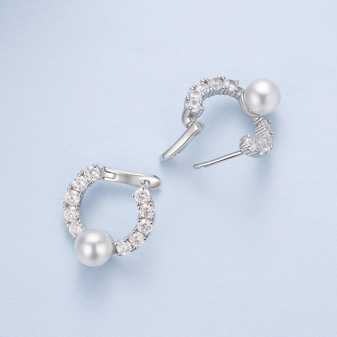 925 Sterling Silver White Gold Plated 1.6cm Hoop Earrings with Synthetic Pearl for Women