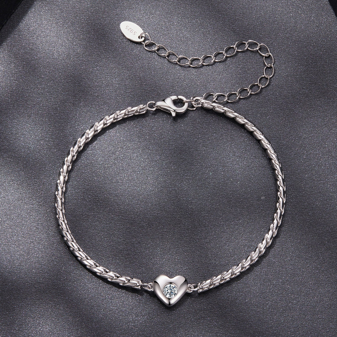 925 Sterling Silver Moissanite Heart Bracelet for Women - Silver - 15+6cm Length, 0.3cm Thickness