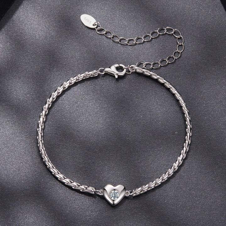 925 Sterling Silver Moissanite Heart Bracelet for Women - Silver - 15+6cm Length, 0.3cm Thickness