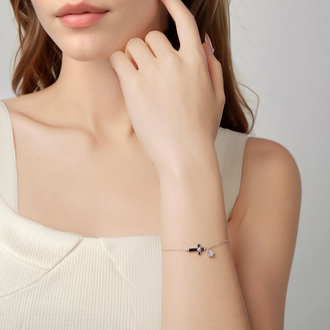 925 Sterling Silver Bracelets with Pavé Setting CZ, Length 15+6cm, White Gold Plated for Women