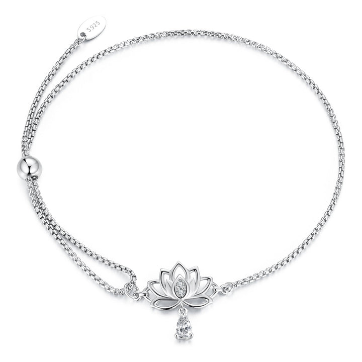 925 Sterling Silver Adjustable Chain Bracelet with White Gold Plating and CZ for Women