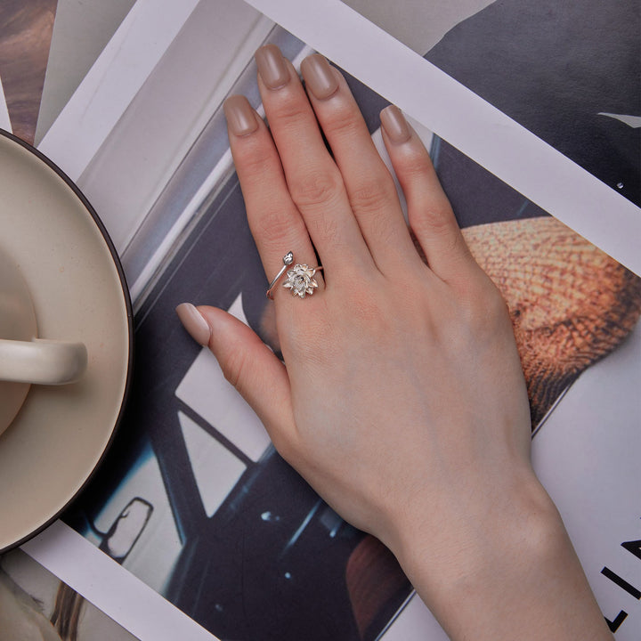 925 Sterling Silver Adjustable Flower Ring for Women