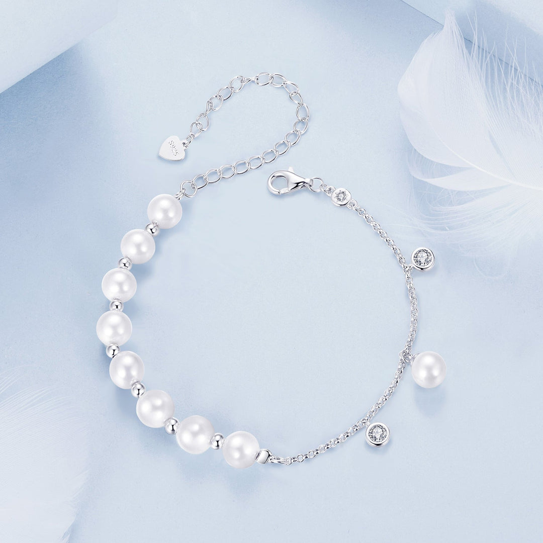925 Sterling Silver 15+6cm White Gold Plated Bracelet with Quality Shell Pearl &amp; CZ for Women