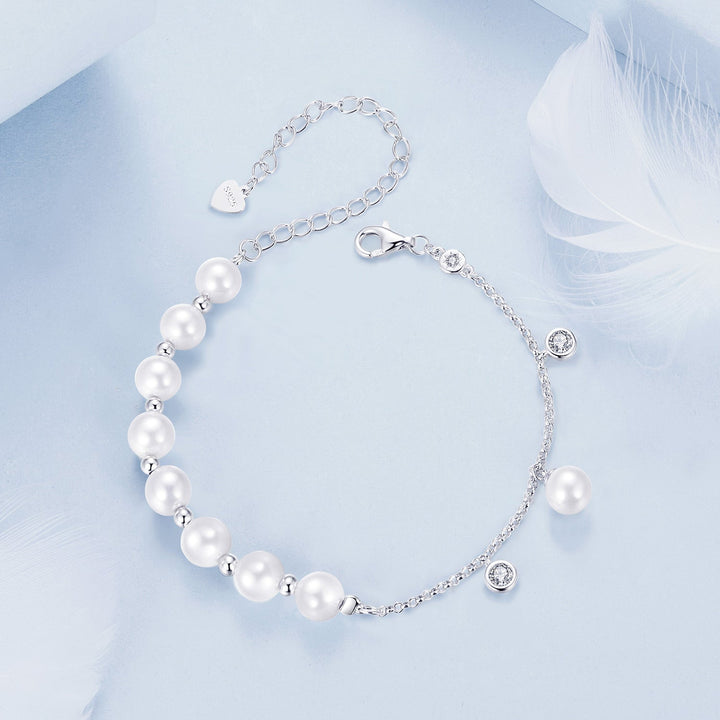 925 Sterling Silver 15+6cm White Gold Plated Bracelet with Quality Shell Pearl &amp; CZ for Women