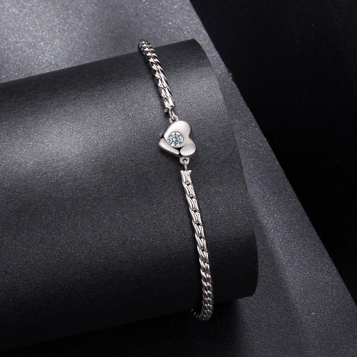 925 Sterling Silver Moissanite Heart Bracelet for Women - Silver - 15+6cm Length, 0.3cm Thickness
