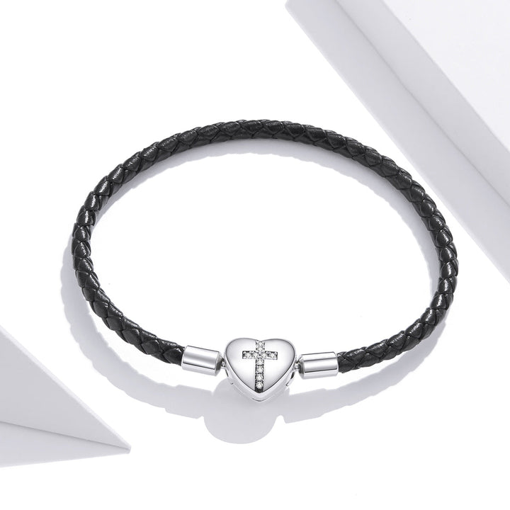 925 Sterling Silver Leather 17cm Bracelet with Oxidized CZ for Women