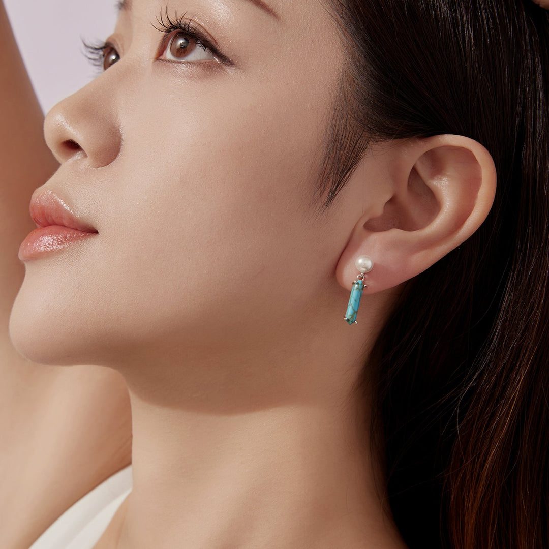 925 Sterling Silver Earrings with Synthetic Turquoise and Pearl, 2.4*0.6cm for Women