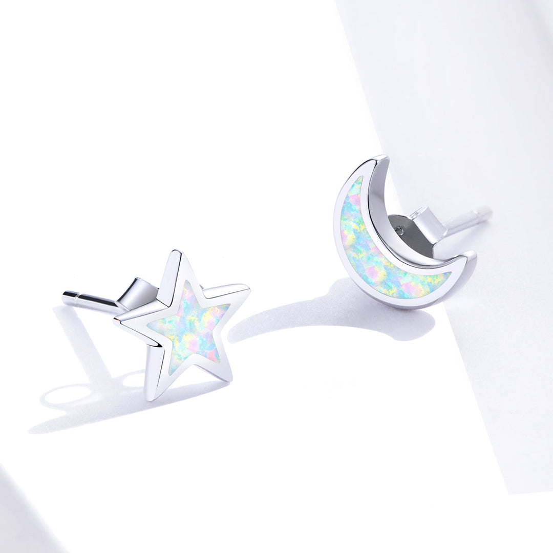 925 Sterling Silver Opal Earrings for Women - Star &amp; Moon Design