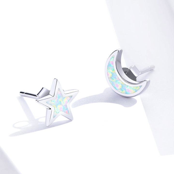 925 Sterling Silver Opal Earrings for Women - Star &amp; Moon Design