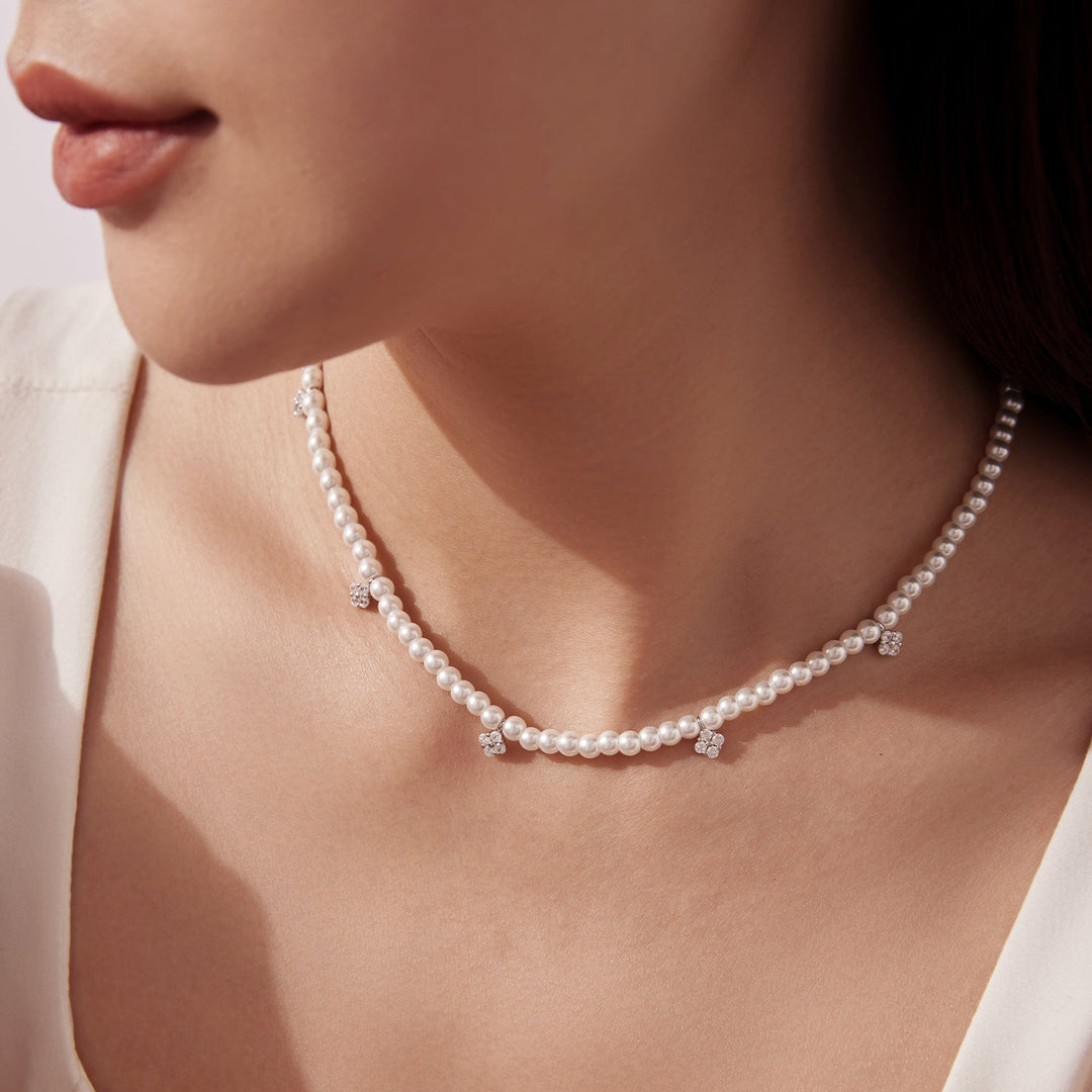 925 Sterling Silver Necklace with Pavé Setting CZ &amp; Synthetic Pearl for Women