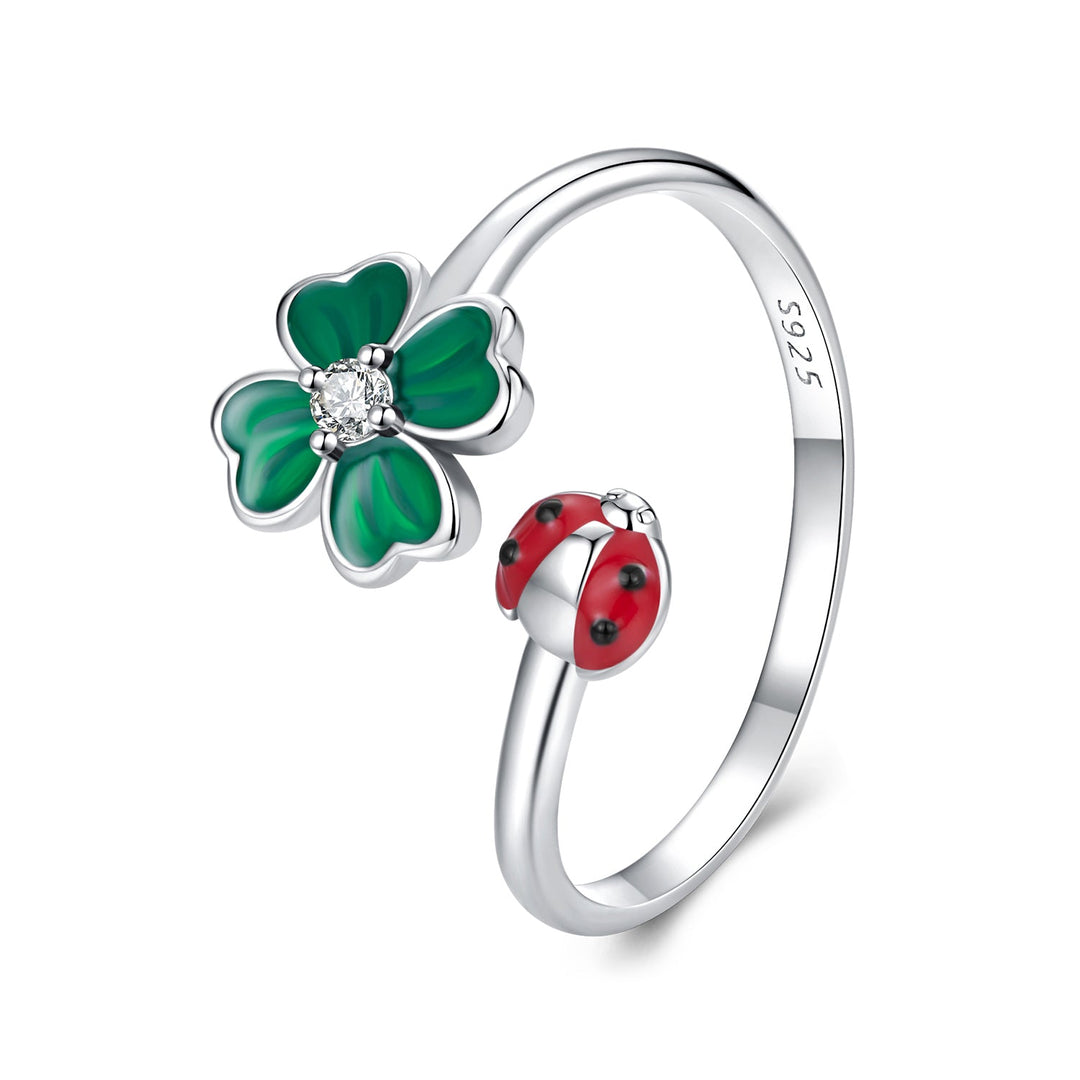 925 Sterling Silver Ladybug Four-leaf Clover Ring for Women