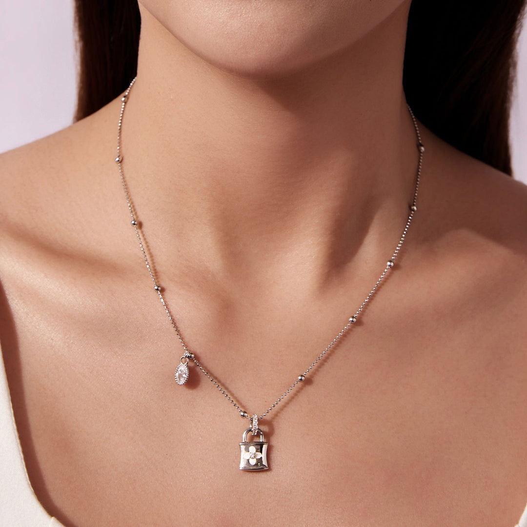 925 Sterling Silver White Gold Plated Necklace with CZ and Nacre for Women