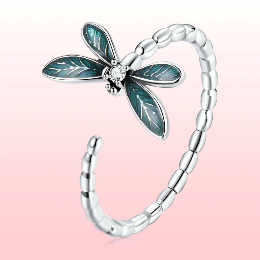 925 Sterling Silver Dragonfly Ring with Enamel &amp; CZ for Women