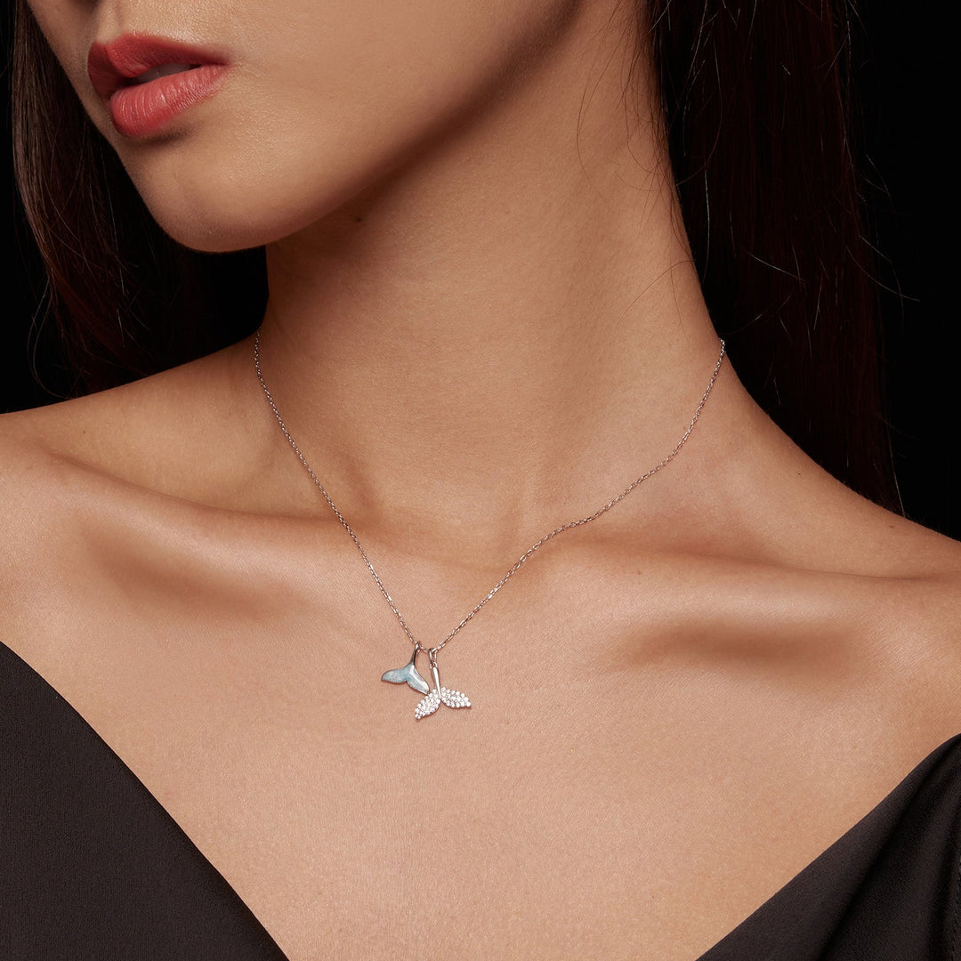 925 Sterling Silver Necklace with CZ &amp; Enamel - 40+5cm Length, Fishtail Design for Women