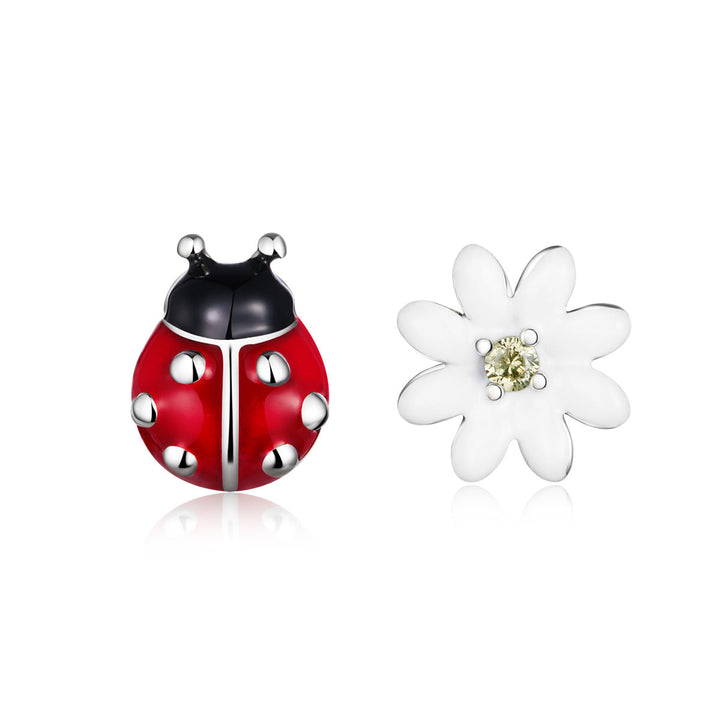 925 Sterling Silver Earrings with Enamel - Bug 1.0 x 0.8 cm, Flower 0.9 x 0.9 cm - Women