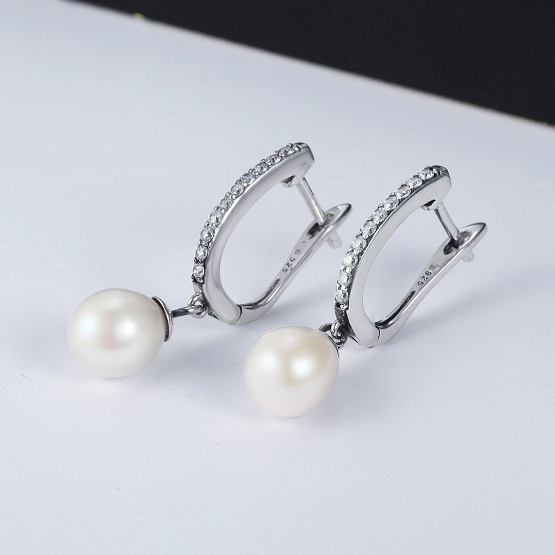925 Sterling Silver Freshwater Pearl Earrings with Pavé Setting CZ for Women