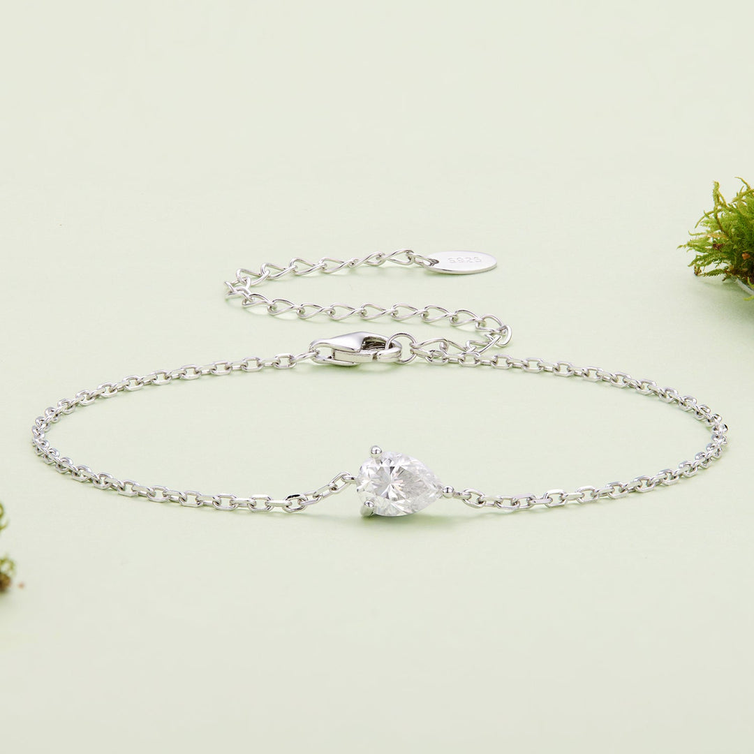 925 Sterling Silver White Gold Plated 0.8ct Moissanite Water Drop 16+5cm Bracelet for Women