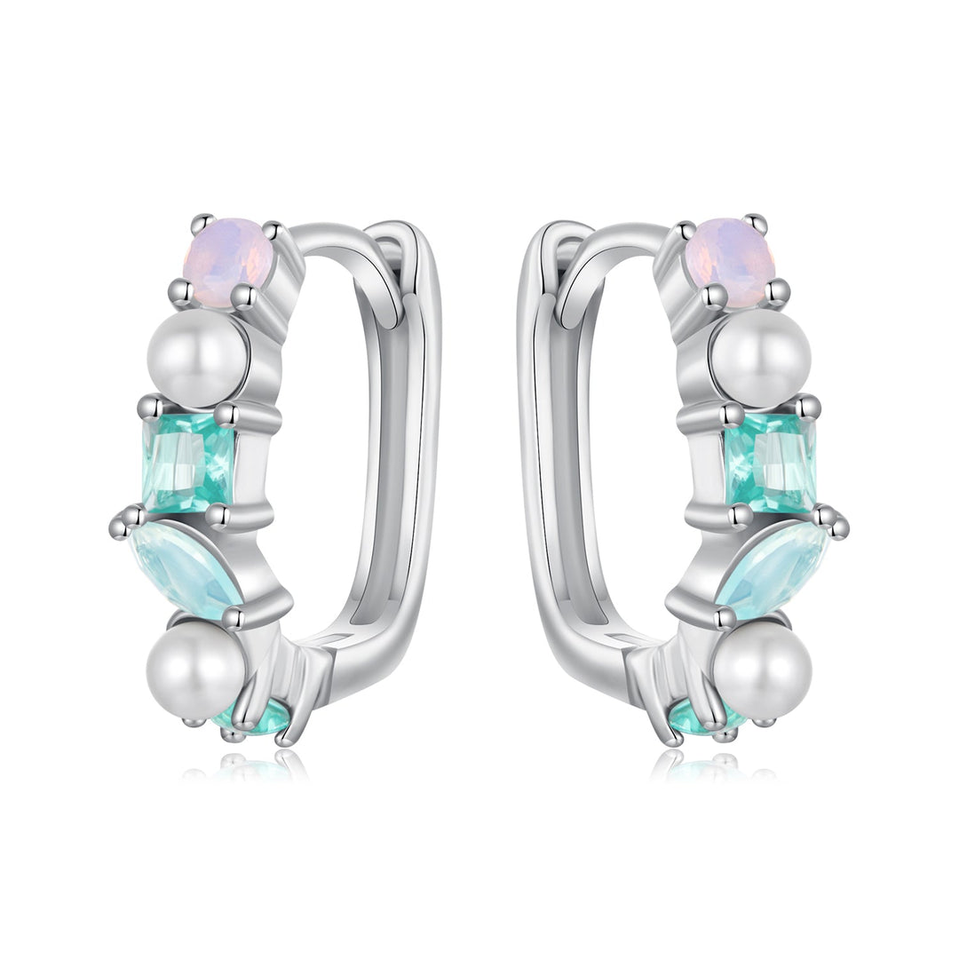 925 Sterling Silver Earrings with Nano Opal, Shell Pearl and Glass, 1.4cm for Women
