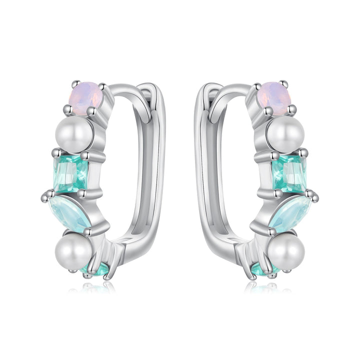 925 Sterling Silver Earrings with Nano Opal, Shell Pearl and Glass, 1.4cm for Women
