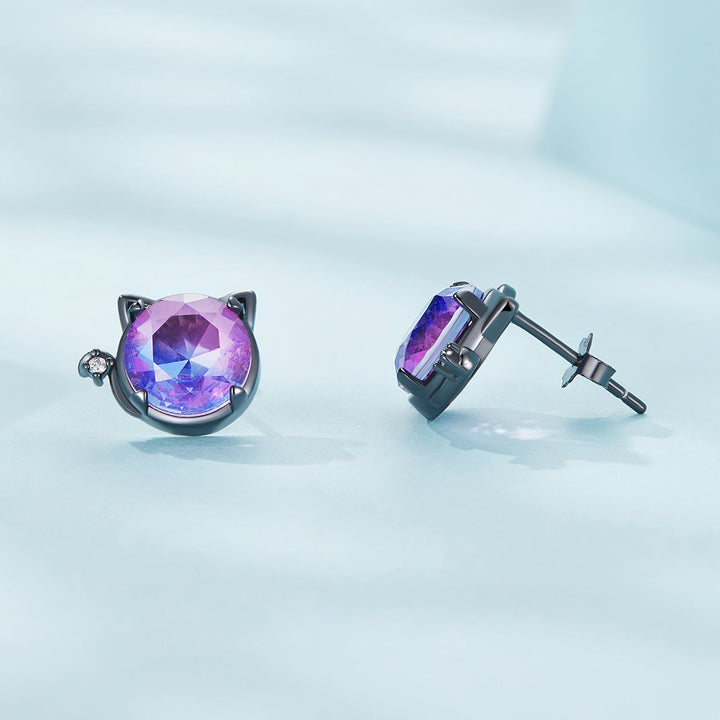 925 Sterling Silver Earrings with Pavé CZ and Transparent Glass in Black Gold, 1.0*1.2cm, for Women