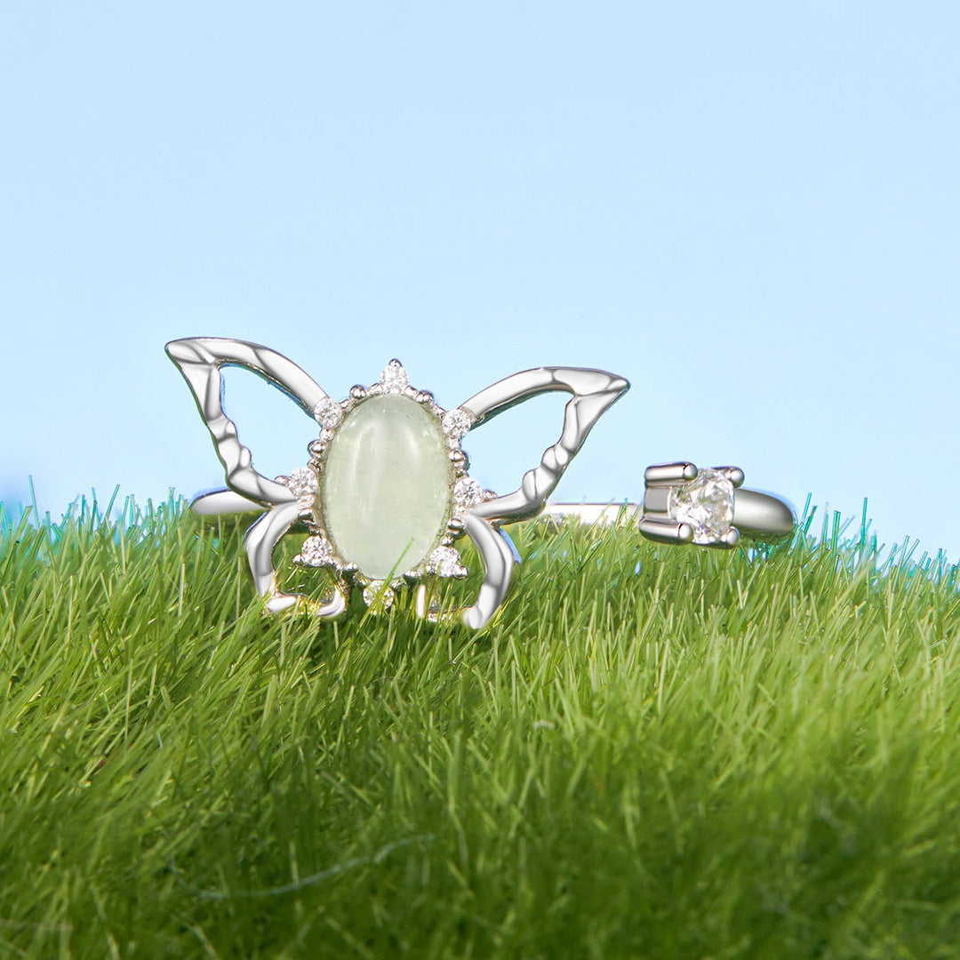 925 Sterling Silver &amp; Natural Jade Pavé Setting Ring for Women