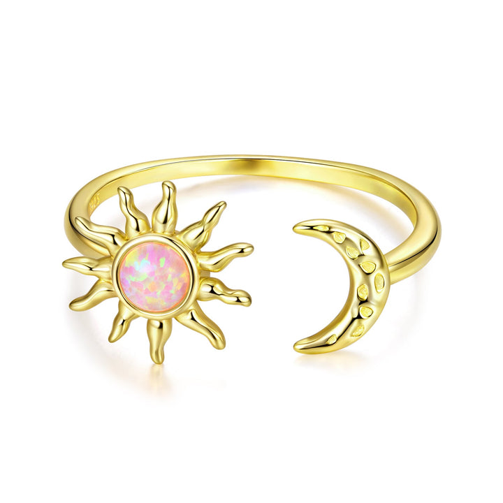 925 Sterling Silver Gold Plated Ring with Synthetic Opal Sun &amp; Moon for Women