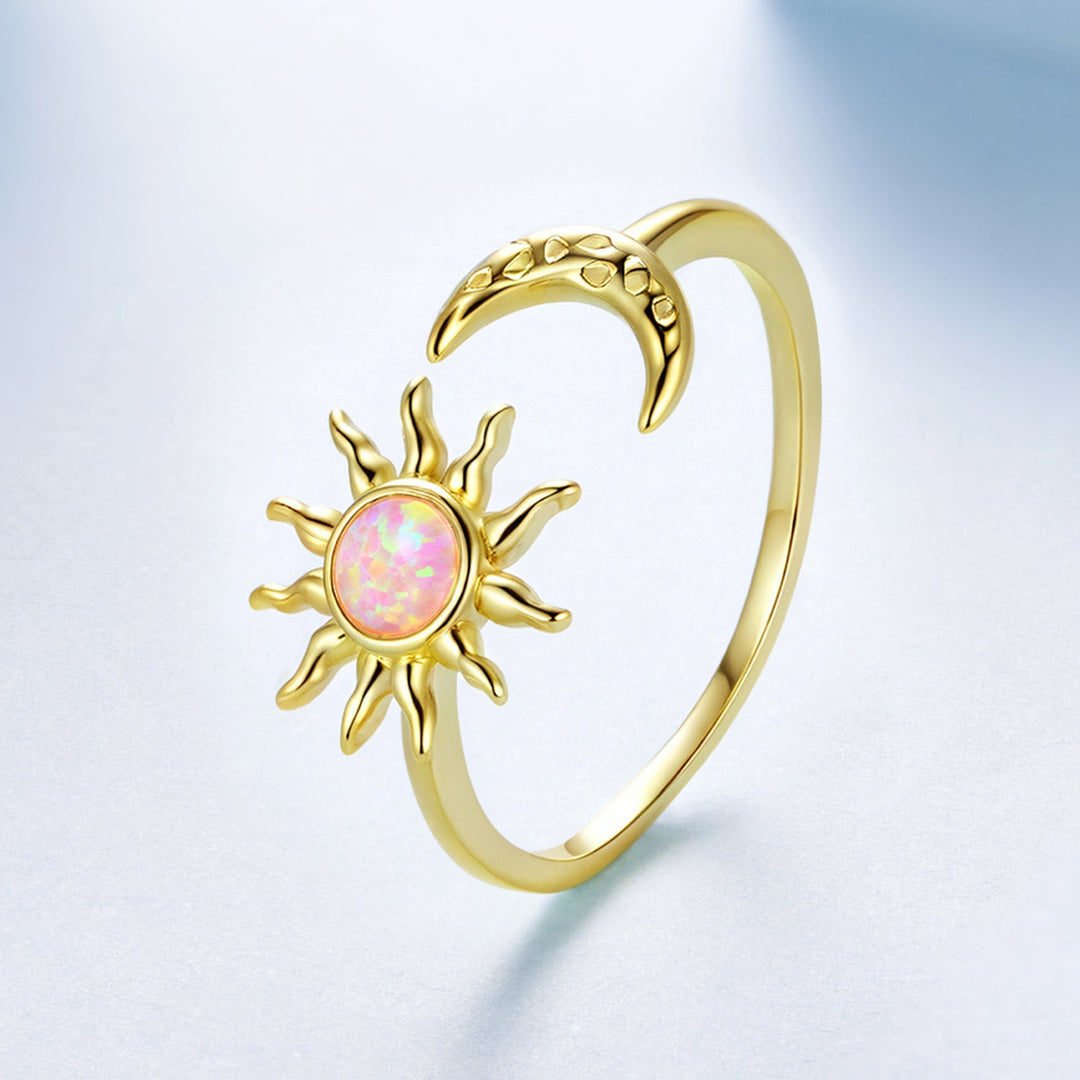 925 Sterling Silver Gold Plated Ring with Synthetic Opal Sun &amp; Moon for Women