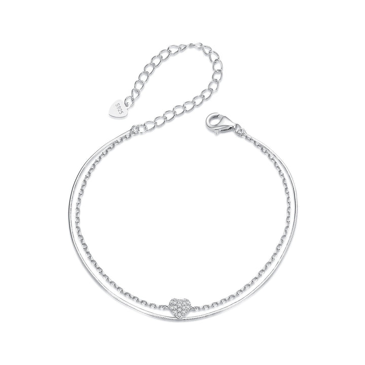 925 Sterling Silver White Gold Plated Heart-Shaped Bracelet with CZ, Length 150+60mm