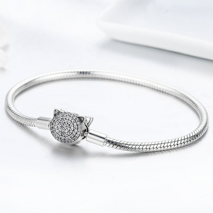 925 Sterling Silver Bracelet with Cat Head Charm, 17cm for Women