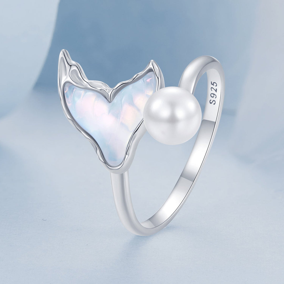 925 Sterling Silver Ring with Shell Pearl and Transparent Glass