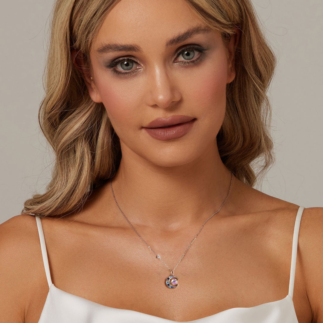 925 Sterling Silver Necklace with Pavé CZ &amp; Transparent Glass Pendant for Women