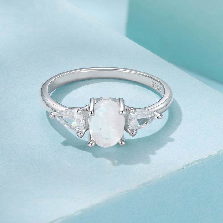 925 Sterling Silver White Gold Plated Natural Moonstone CZ Size 6 Ring for Women
