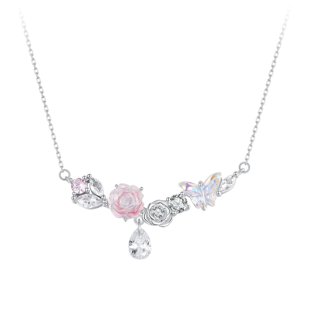 925 Sterling Silver Necklace with CZ &amp; Resin Pendant, 18x39mm, Plated with White Gold