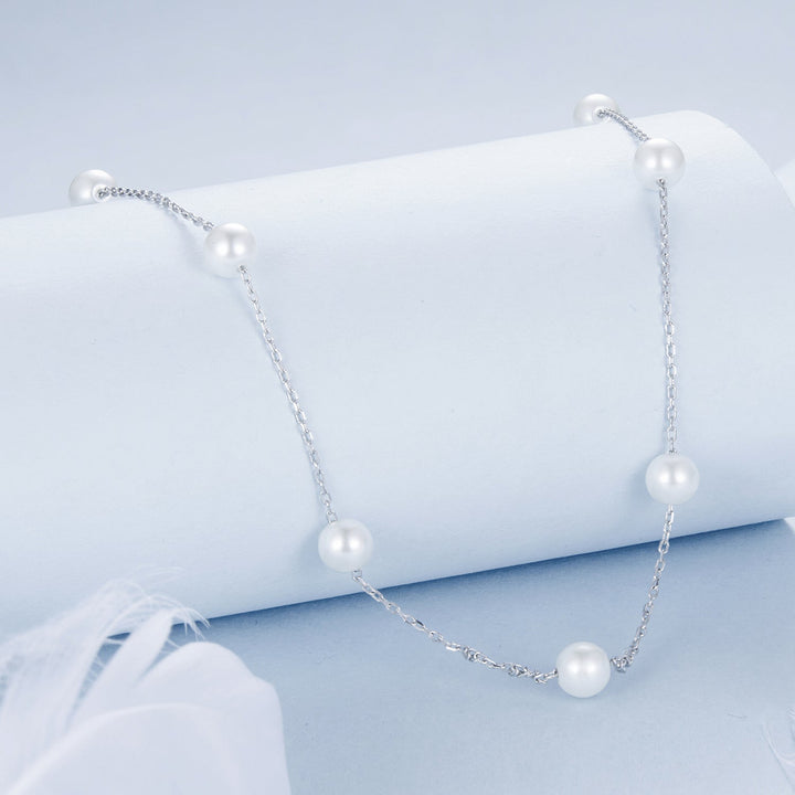 925 Sterling Silver White Gold Plated Necklace with Shell Pearl 400+50mm