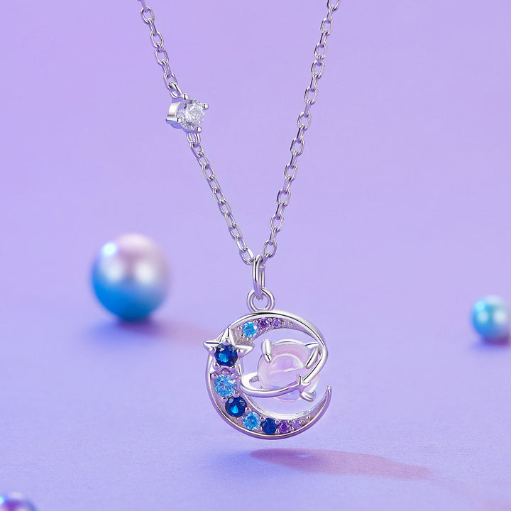 925 Sterling Silver Necklace with Pavé CZ &amp; Transparent Glass Pendant for Women