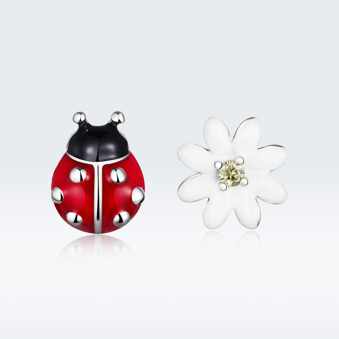 925 Sterling Silver Earrings with Enamel - Bug 1.0 x 0.8 cm, Flower 0.9 x 0.9 cm - Women