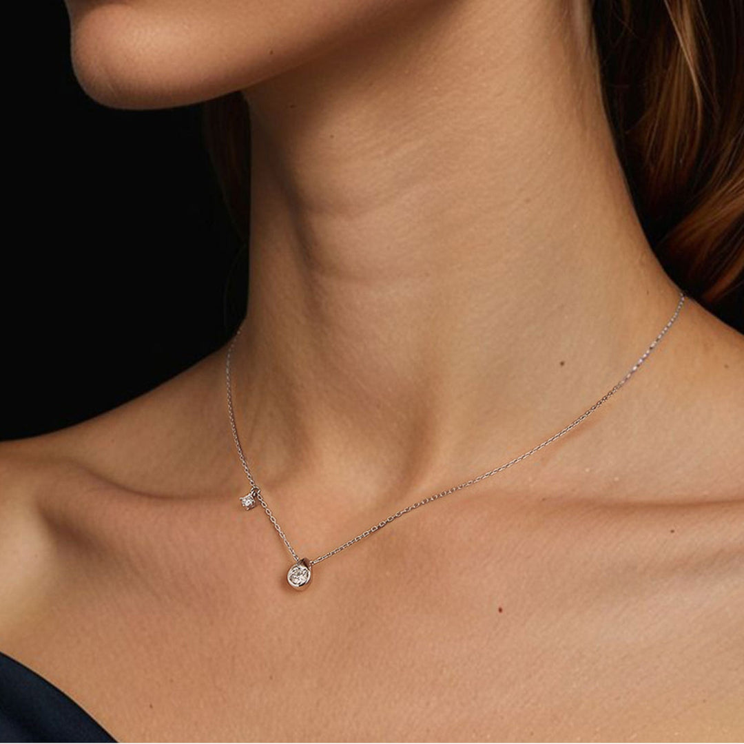 925 Sterling Silver + Moissanite Adjustable Necklace for Women - White Gold 0.5ct &amp; 0.1ct