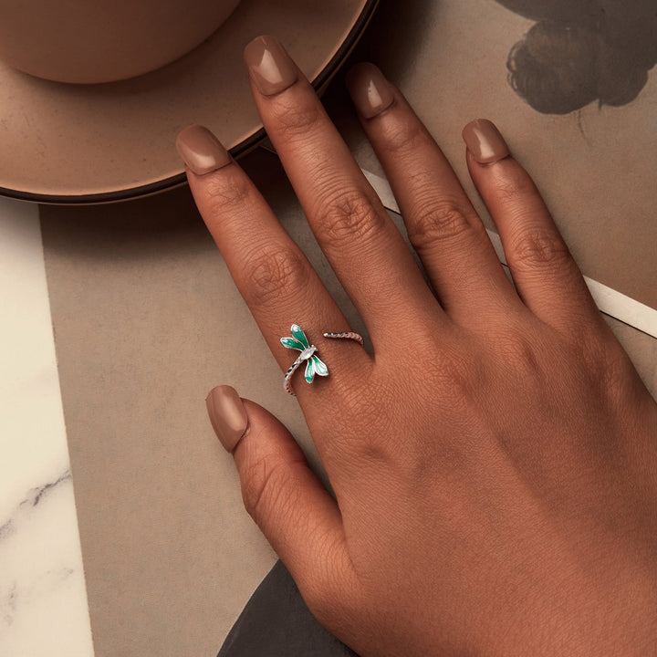 925 Sterling Silver White Gold Plated Opal Enamel Ring