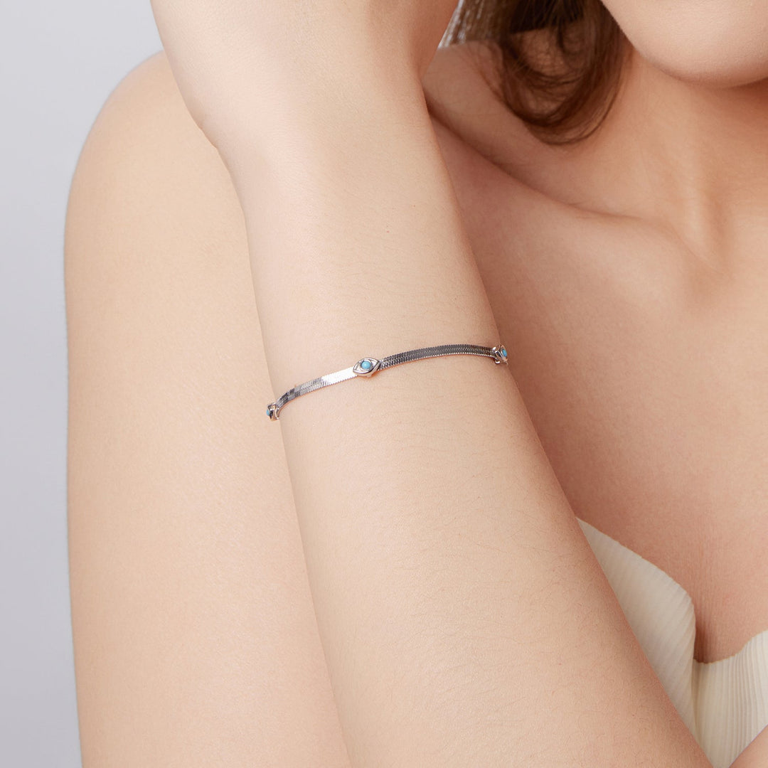 925 Sterling Silver White Gold Plated Multi-Layer Bracelet with Synthetic Turquoise