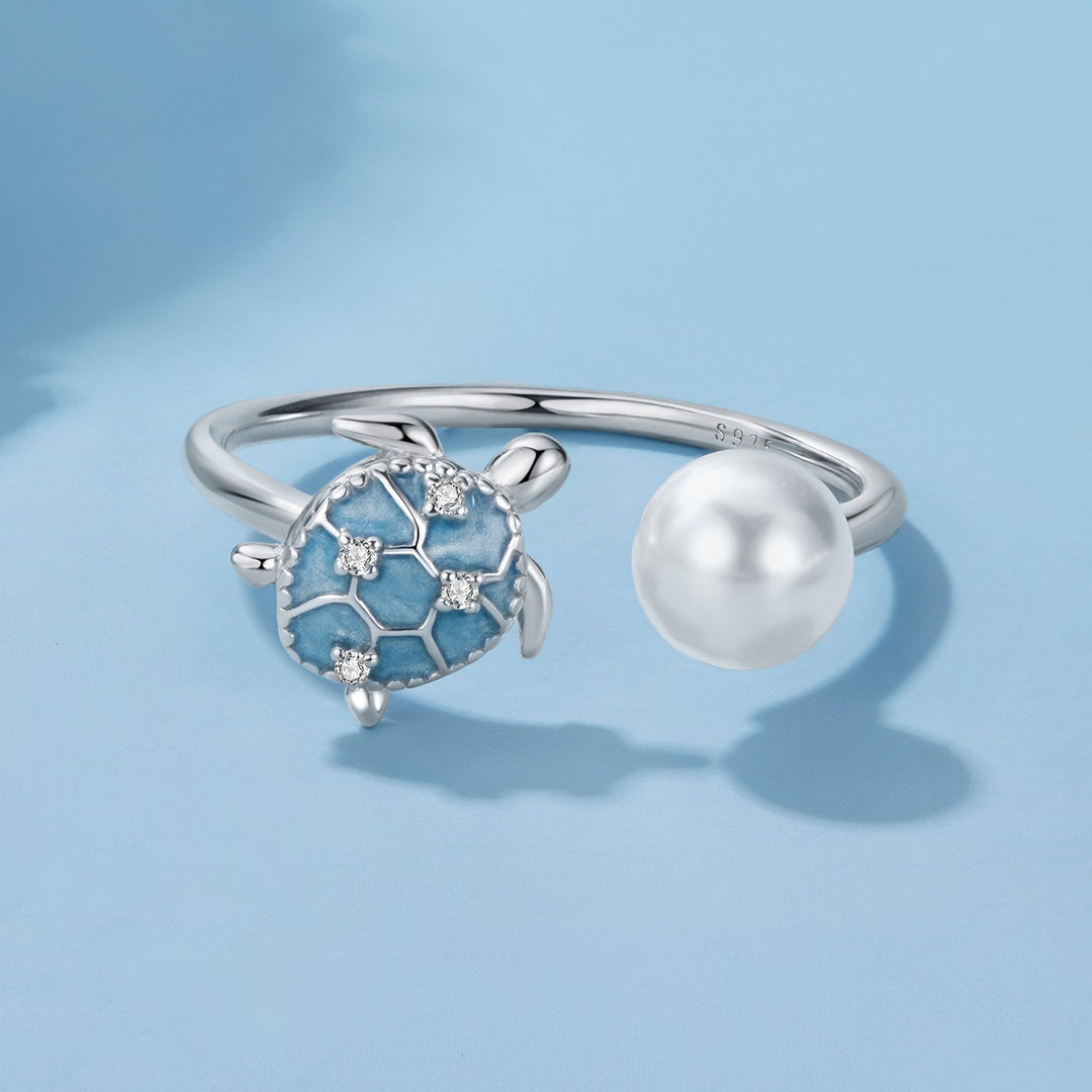 925 Sterling Silver Turtle Ring with Quality Shell Pearl &amp; CZ - Size: nan