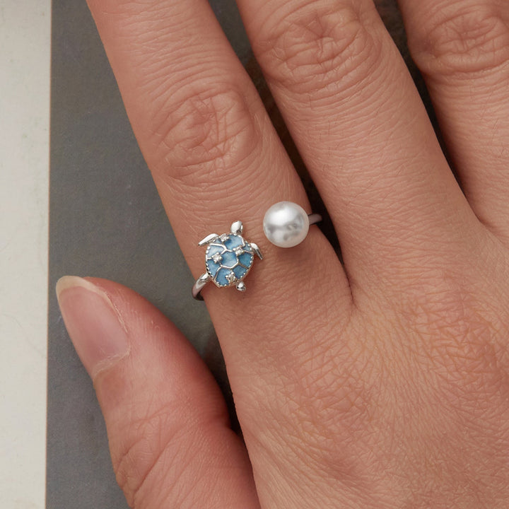 925 Sterling Silver Turtle Ring with Quality Shell Pearl &amp; CZ - Size: nan