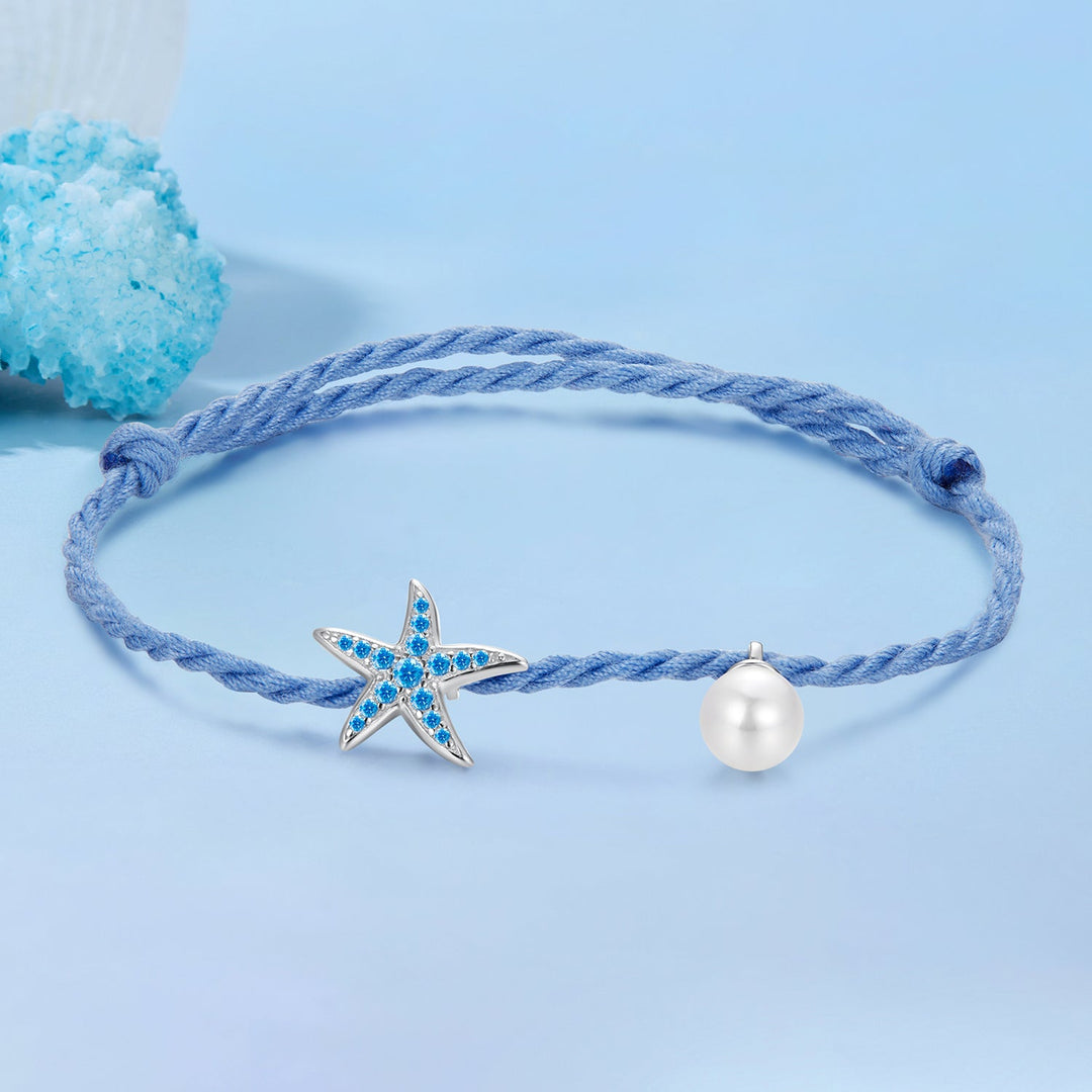 925 Sterling Silver Adjustable Starfish &amp; Shell Pearl Bracelet for Women
