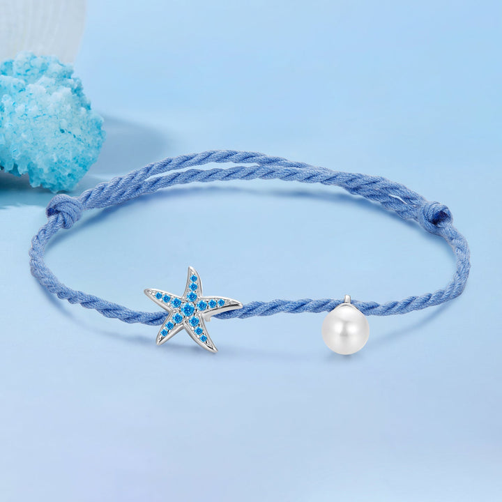 925 Sterling Silver Adjustable Starfish &amp; Shell Pearl Bracelet for Women